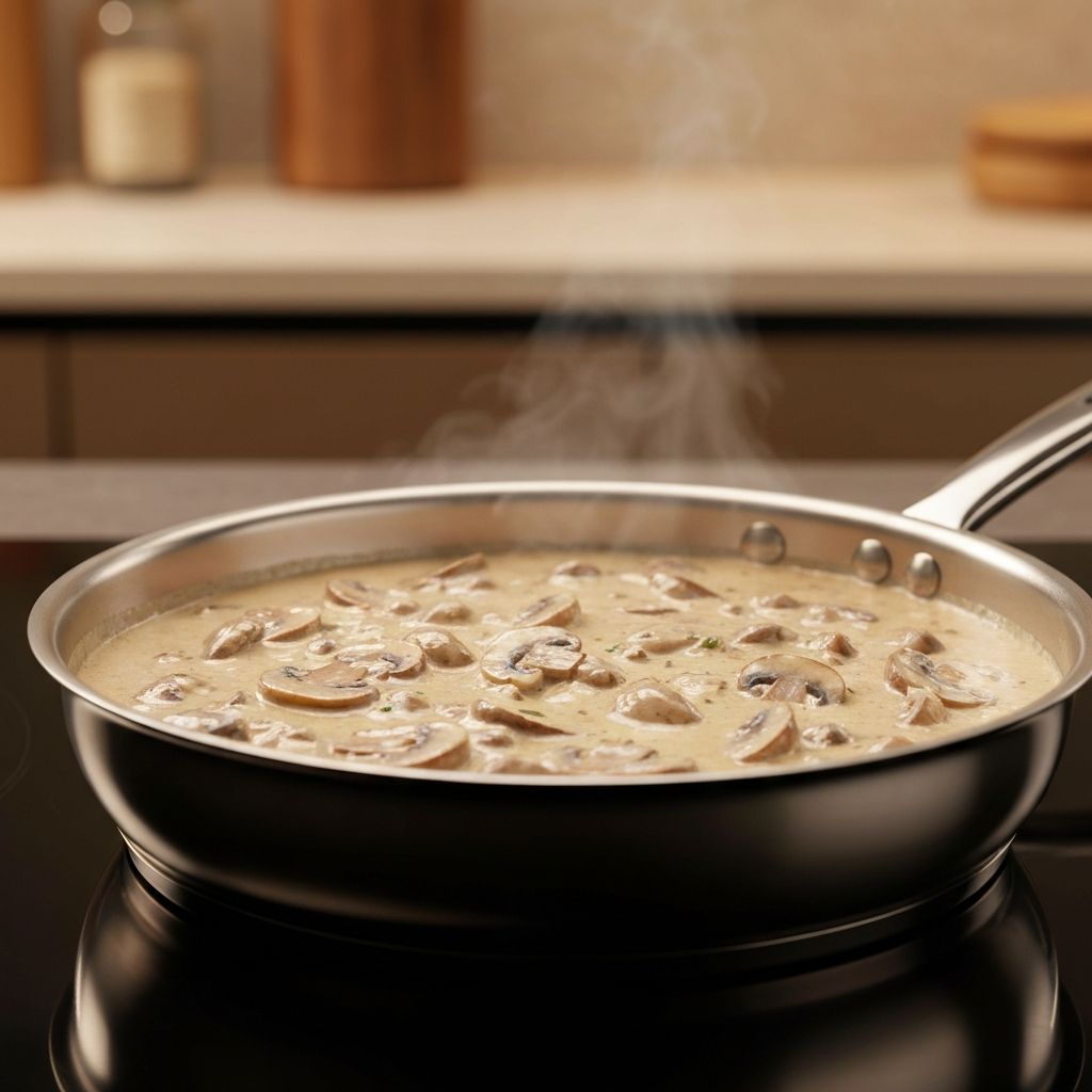 Creamy mushroom pan sauce in stainless steel pan