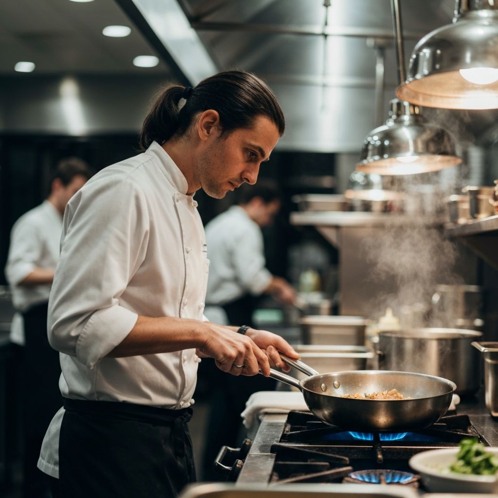 Professional chef using stainless steel sauté pan for cooking